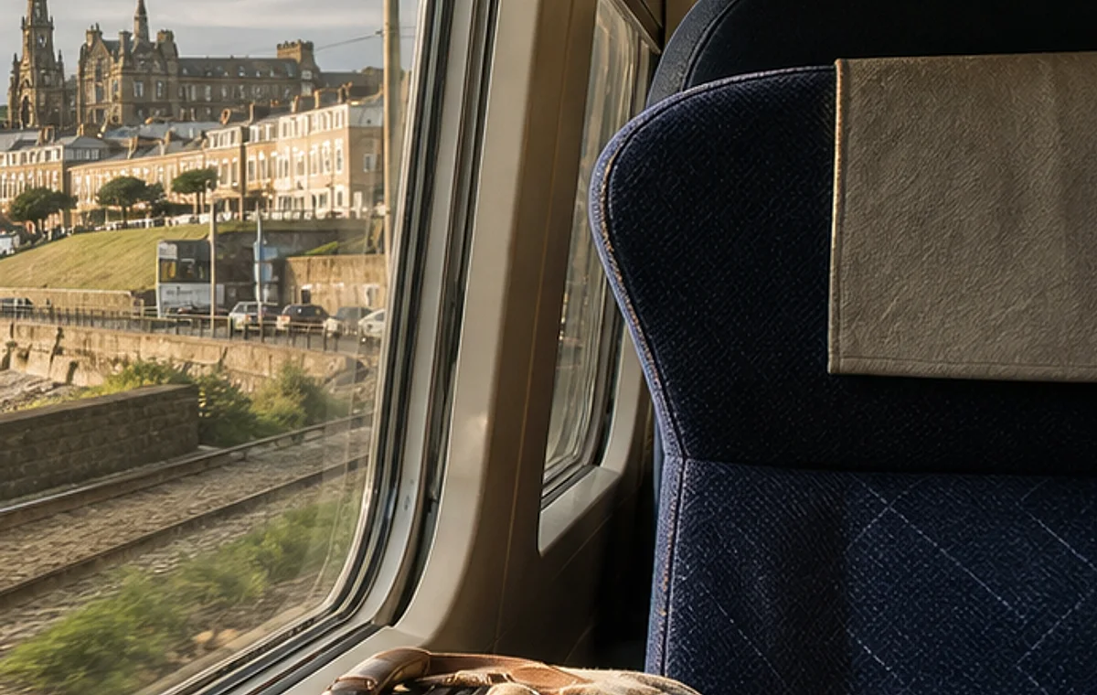 Travel luggage beside a train seat used by Britain Trip Finder researchers