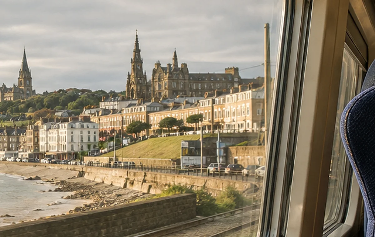 Historic skyline from a train window for a weekend city trip