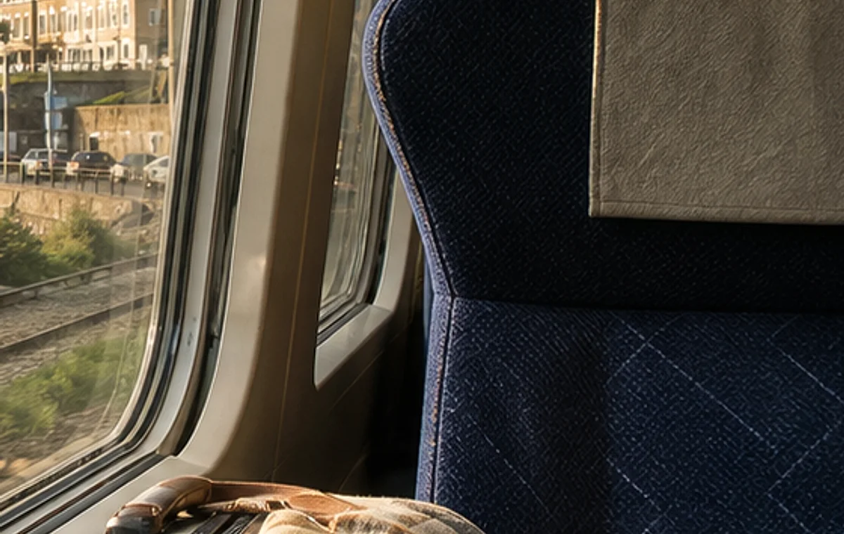Train window and luggage representing flights and hotel planning