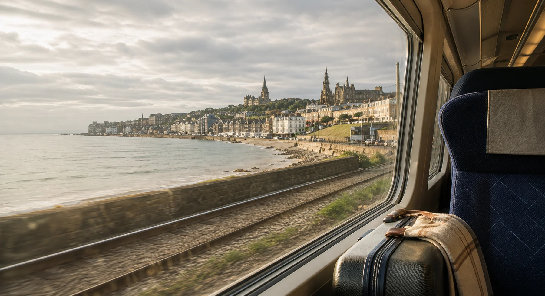 Train window view of a British coastal city for Britain Trip Finder travel planning